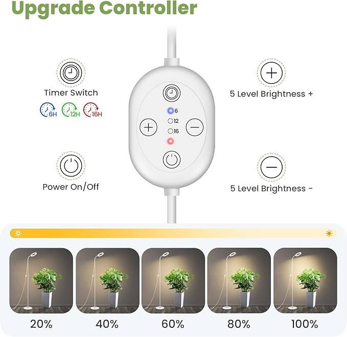 Grow Lights for Indoor Plants 24V 660nm-Enhanced Full Spectrum LUMILEDS LED Plant Light 6.3in Grow lamp with Timer &amp Dimming Adjustable Height 14-59in 15W 260μmol/s/m²@15cm(6in) J15-W