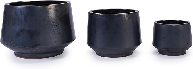 Handmade Black Matte Glazed Ceramic Planter Set of 3 15119 Inch Diameter Textured for Orchids Begonias IndoorOutdoor Use on Windowsill Bookshelf Breathable Clay