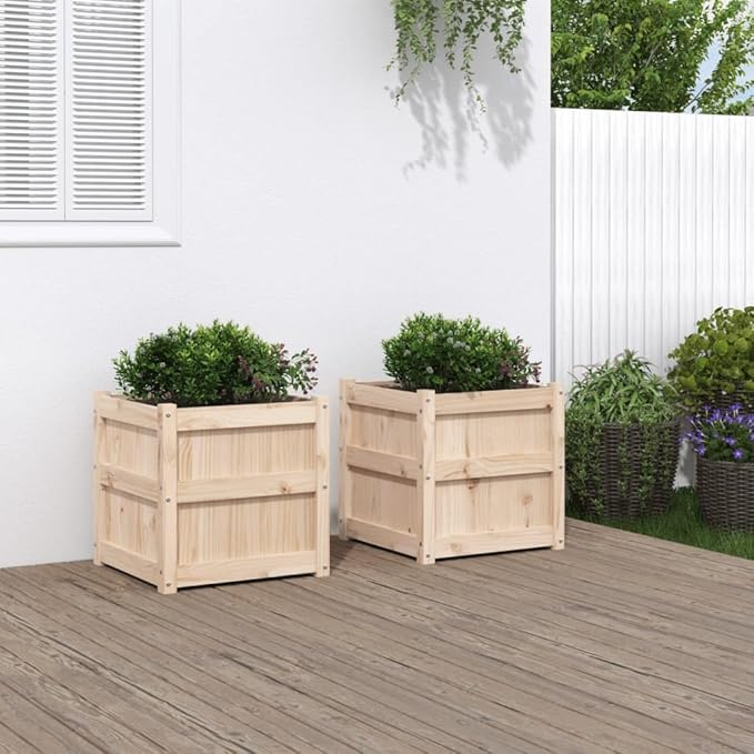 Natural Pine Solid Wood Garden Planter Set of 2 Square Large Outdoor Planters Brown for Garden Balcony Patio with Rustic Charm and Customizable Inlays
