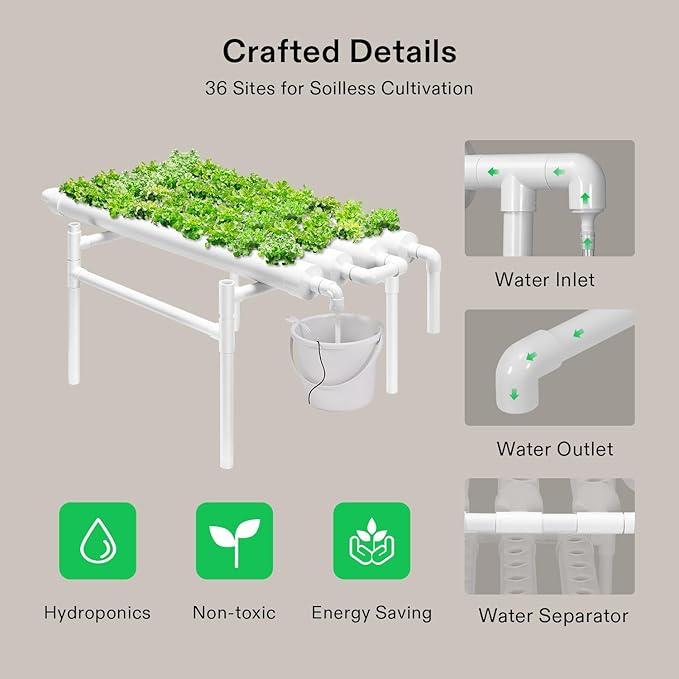 VIVOSUN Hydroponic Grow Kit 1 Layer 36 Plant Sites 4 Food-Grade PVC-U Pipes Hydroponics Planting System with Water Pump Pump Timer Nest Basket and Sponge for Leafy Vegetables