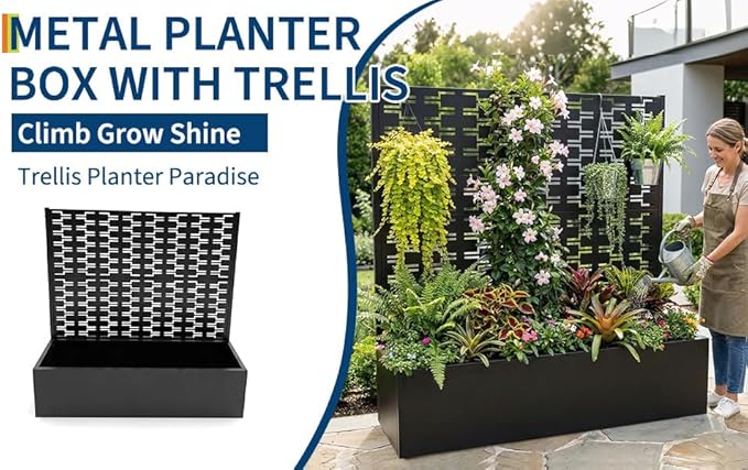 Black Metal Raised Garden Bed with Trellis 47 Tall Privacy Screen Planter Box with Drainage 47.1X16 Climbing Plant Planter for Patio Balcony Vegetables