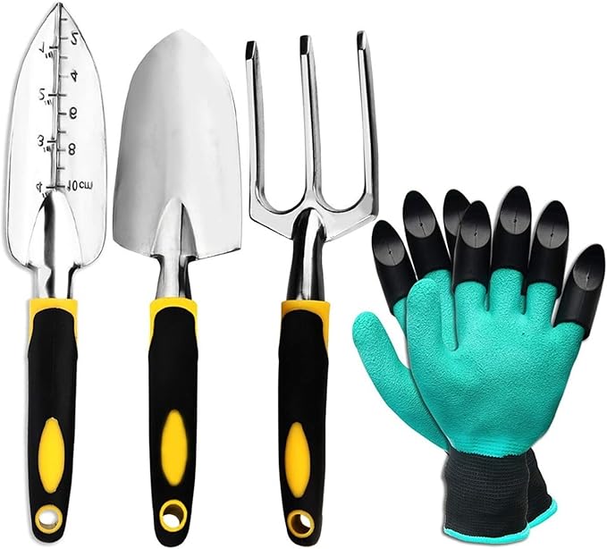Garden Tool Set 4 Pack with Trowel Cultivator Hand Rake Transplant Gardening Gloves for Weeding Loosening Soil