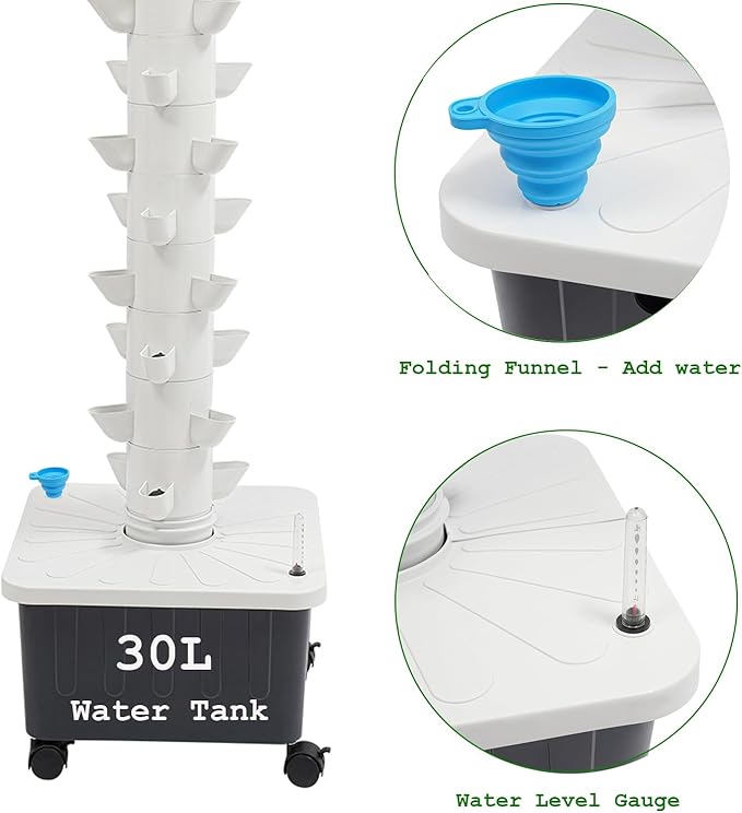 15-Tier Hydroponic Growing Tower 45-Plant Vertical Garden Kit with Water Pump Hydroponics Tower Growing System with 4 Wheels for Herbs Vegetables Strawberries (White)