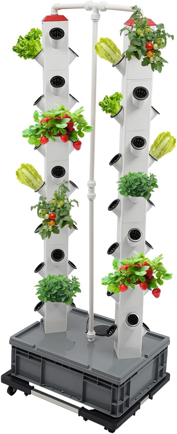 56-Plant Hydroponic Growing Tower System Indoor/Outdoor Sturdy Vertical Garden Kit with Smart Water Pump Timer &amp Wheels - Auto Circulation Durable PP Design for Vegetables Herbs