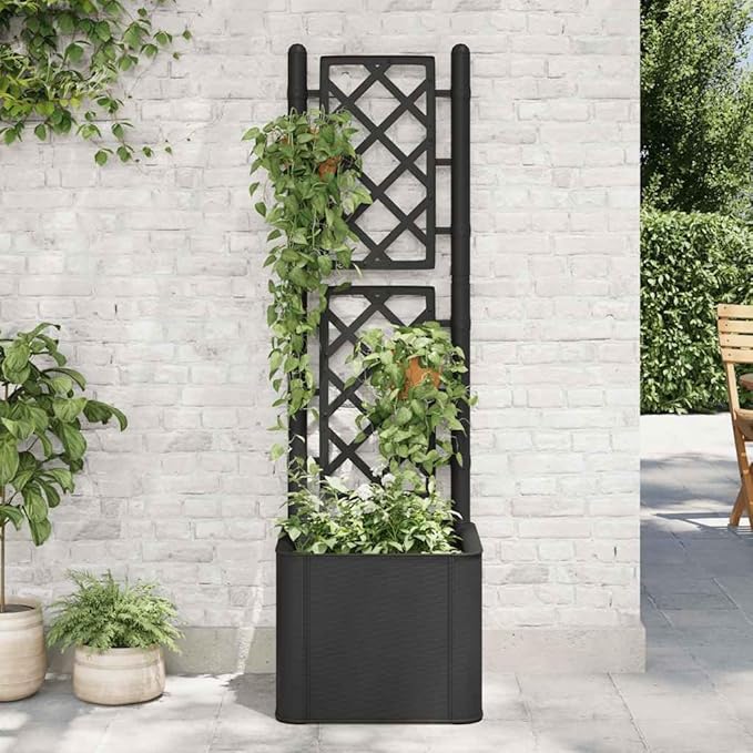 vidaXL Garden Raised Bed with Trellis Raised Bed for Flowers and Plants Self Watering Planter with Water Level Indicator Outdoor and Indoor Use Anthracite PP