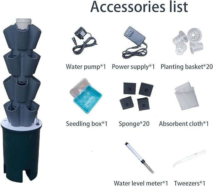 Hydroponic Growing Tower System with Hydrating Pump and Timer for Vertical Home Garden Cultivation of Herbs Fruits and Vegetables