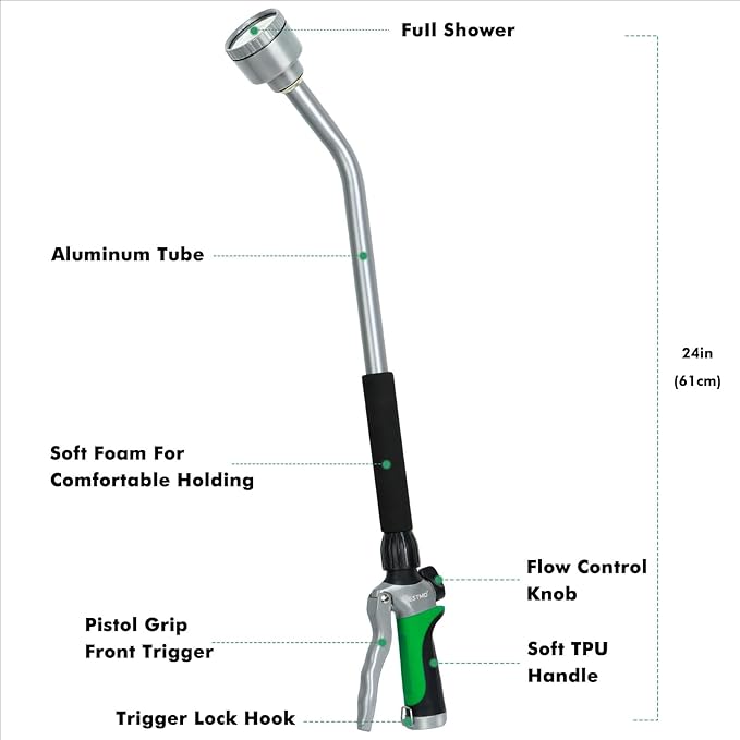 RESTMO Long Watering Wand 24 Inches Gentle Soft Full Shower Sprayer Wand with Flow Control Heavy Duty Metal Hose Wand for Hanging Baskets Shrubs Plants Flowers Garden and Lawn