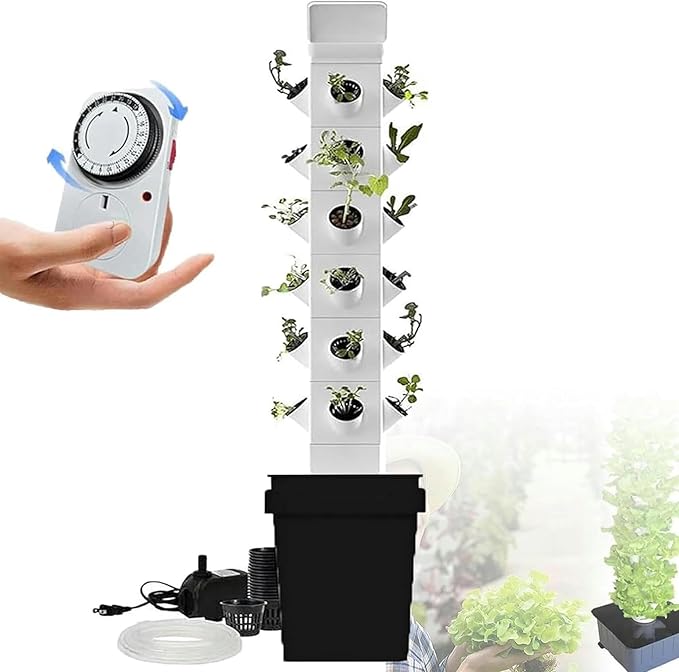 AMNOOL 12/16/20/24 Holes Garden Planter Hydroponics Tower Hydroponic Growing System Hydrating Pump +Timer + Adapterfor Herbs Net Pots Fruits Vegetables24Holes//1pc