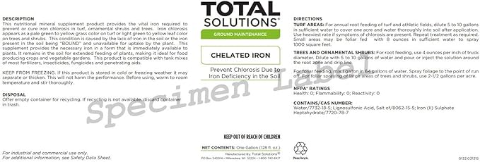 Chelated Iron (1 Gallon) | Liquid Mineral Supplement Used to Prevent or Cure Iron Chlorosis in Turf Ornamental shrubs and Trees.