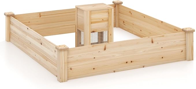 Giantex Raised Garden Bed 49x49x10 Wood Planter Box Kit w/Compost Bin &amp Open-Ended Bottom for Vegetables Flowers Herbs Fruits Elevated Square Planting Bed for Patio Backyard Garden