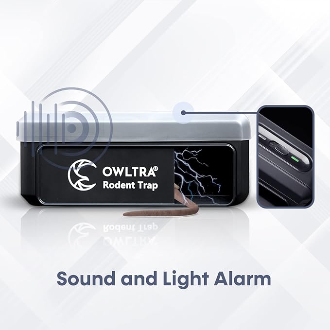 OWLTRA 2 Pack OW-7 in-/Outdoor Electric Rodent Trap Instant Kill Mouse &amp Rat Zapper with Waterproof Cover Sound &amp Light Alarm and Batteries or USB Power Source Waterproof Grade IPX4 Black