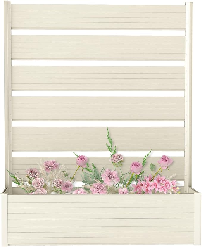 Vertical Screen Planter Bed - Raised Garden Box with Trellis for Climbing Plants Durable Privacy Fence Planter for Outdoor Patio Deck Aluminum Frame Beige
