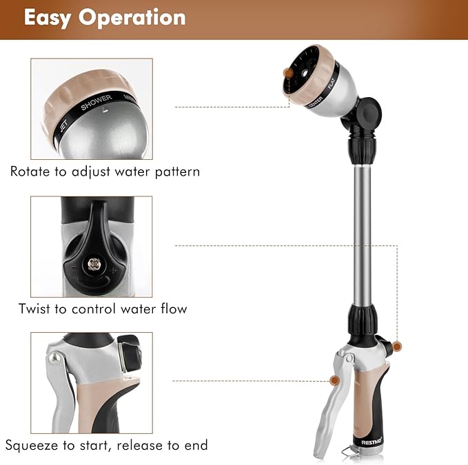 RESTMO Metal Watering Wand Heavy Duty Garden Hose Wand with 180° Swivel Ratcheting Head 16'' Hose Nozzle Sprayer with 7 Spray Patterns and Flow Control for Water Hanging Baskets and Shrubs Gold
