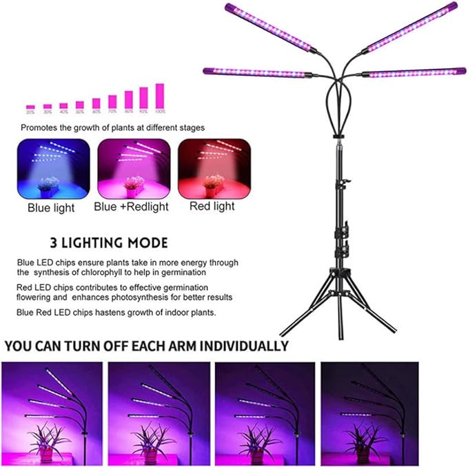 Grow Lights for Indoor Plants Full Spectrum Four Head Clip-on Plant Lamp with Full Spectrum &amp Red Blue Spectrum 3/9/12H Timer 1.2m Stand Suitable for Indoor Plants Growth