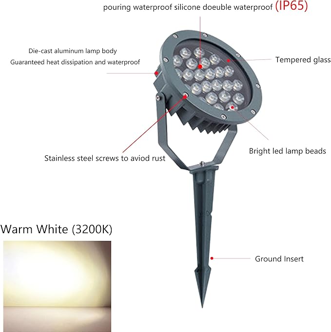 Outdoor LED Spotlight Waterproof Bright Outdoor Landscape Automatic Timer Mini Lawn Lamp 24W Graden Lights with Ground Stake Lawn Decorative Lamp with Plug Courtyard Flag Light Warm White
