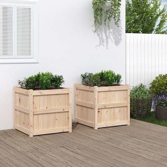 Garden Planter Set of 2 Natural Solid Pine Wood Raised Garden Bed 23.6x23.6 Inch Square Planter Box for Outdoor Plants Rustic Finish Brown