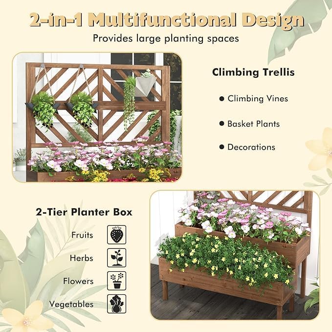 Nightcore Outdoor Elevated Garden Bed with TrellisRaised Garden Bed with Legs &amp Drain Holes2-Tier Wooden Planter Box for Vegetable Fruit Herb
