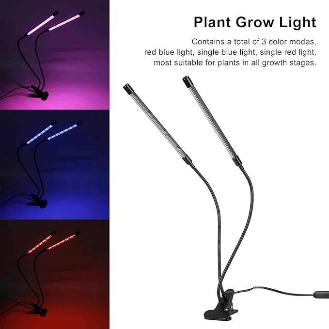 LED Grow Light Plant Grow Lamp Dual Head Full Spectrum 3 Modes Dimmable Timing Clip On LED Plant Lamp for Indoor Greenhouse Vegetables Flowers
