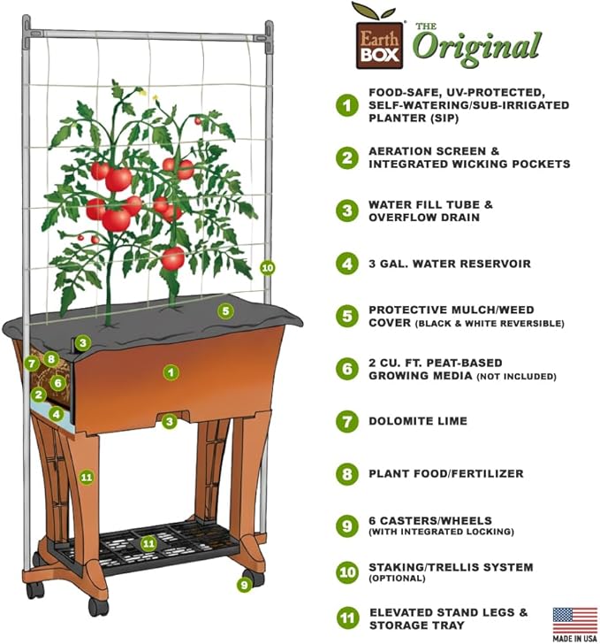 EarthBox Raised Garden Bed with Legs – Elevated Self Watering Planter Box with Wheels Storage Shelf Premium Plant Food Easy Assembly Made in USA Dark Green