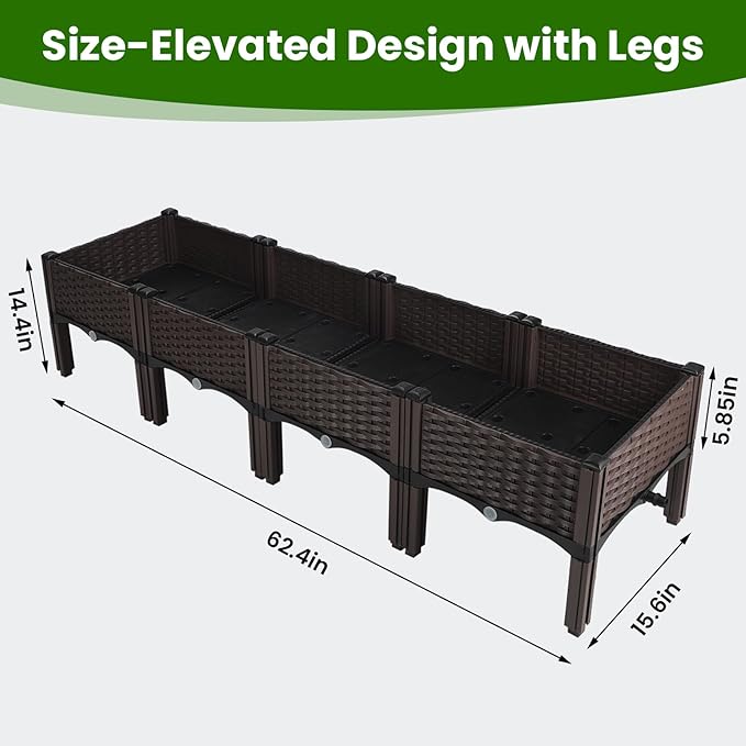 4Pcs Plastic Raised Garden Bed62.4×15.6×14.4 Elevated Wicker Planter Box with Self-Watering System Plants Garden Boxes with Legs for Growing Fresh VegetablesFruitFlowers and Herbs