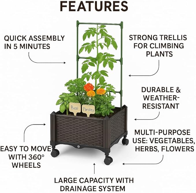 Sherbo Raised Garden Bed Planter Box on Wheels with Trellis Rattan Style Raised Planter Beds for Outdoor Plants Compact Mobile Planter Boxes Outdoor for Patio or Balcony