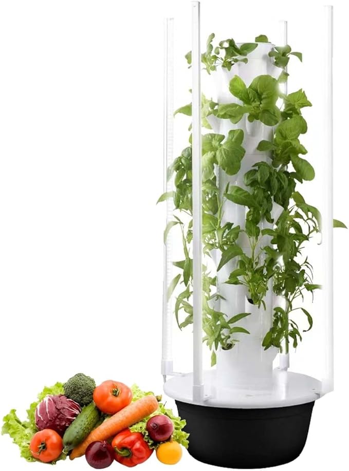 Indoor Hydroponic Garden Tower with LED Grow Lights &amp Smart Irrigation Vertical Soilless Planting Kit for Herbs &amp Leafy Greens Balcony Vegetable Planter ABS(36Holes+LED)