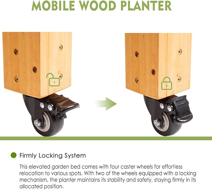 FORTUNO Raised Garden Bed with Wheels 48x24x33 Large Wood Planter Box with Legs Outdoor Mobile Wooden Elevated Raised Beds for Vegetable Flower Standing Gardening Box with Liner for Patio Deck