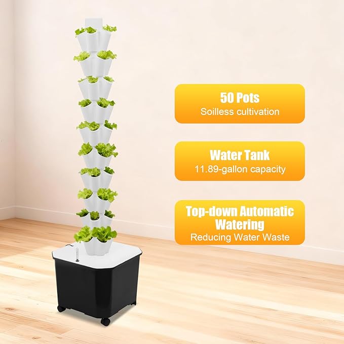 Hydroponic Growing System Kit Aeroponic Tower 50 Hole Garden Vertical Vegetable Planting System with Pump&ampTimer and Mobile 11.89Gal Water Tank (White)