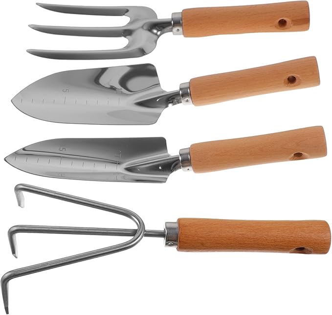 4pcs Gardening Tool Set with Small Garden Shovels Three-Prong Rake and Wood Handles for Lawn Care and Planting in Home Garden