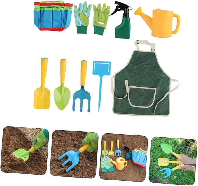Kid Garden Tools Kit 9-Piece Mini Garden Tools Set Planting Rake Shovel Watering Can for Kids