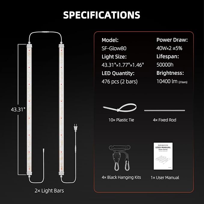 Spider Farmer Glow80 LED Grow Lights 3.6ft Sunlike Full Spectrum Waterproof Plant Growing Lamp Linkable for Indoor Plant Shelves Seedling Veg Flower Hydroponic Greenhouse