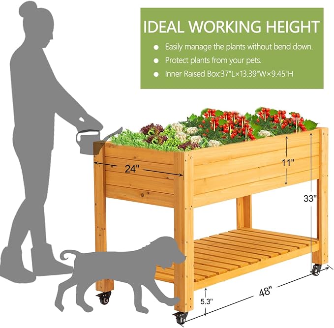 FORTUNO Raised Garden Bed with Wheels 48x24x33 Large Wood Planter Box with Legs Outdoor Mobile Wooden Elevated Raised Beds for Vegetable Flower Standing Gardening Box with Liner for Patio Deck