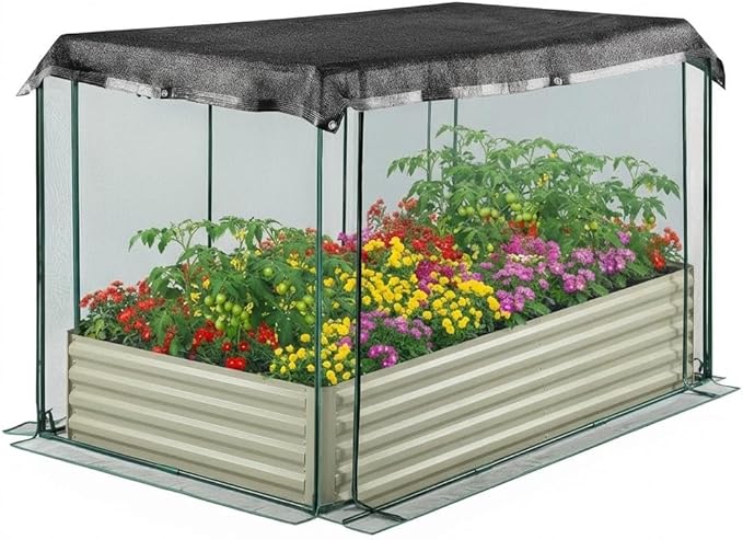 Galvanized Raised Garden Bed Kit 6x3x1 Ft Metal Planter Box with Plant Protection Net &amp Shade Canopy Bottomless Design for Vegetables Flowers Herbs
