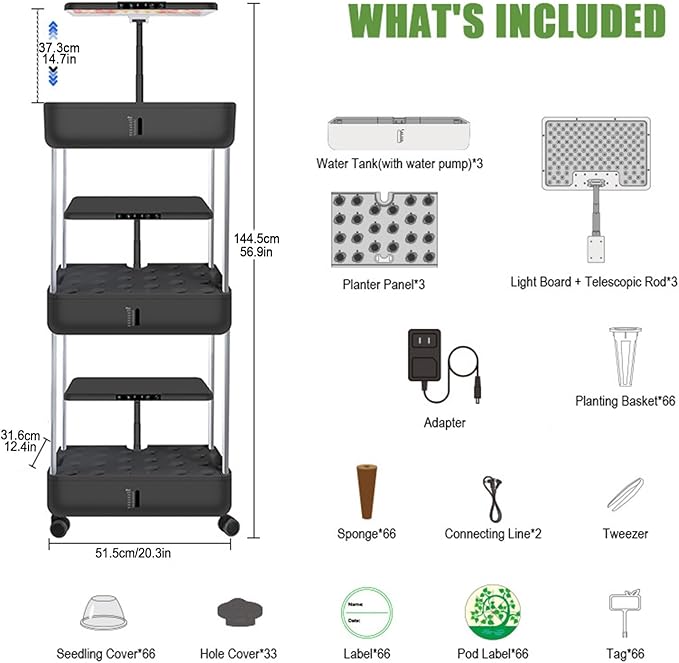 Aeroponic Tower Garden System Hydroponics Growing System with LED Grow Light Hydroponics Tower for Vegetable Fruit Healthy Fresh Herbs Vegetables(Black144cm/56.9in)