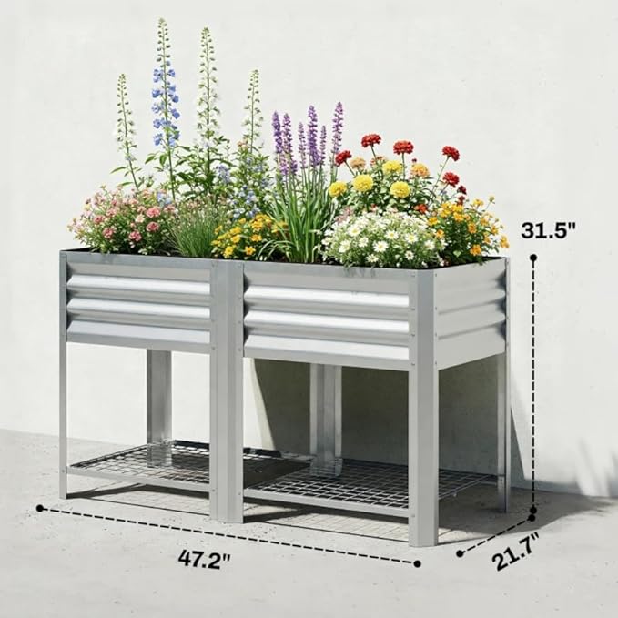 Raised Garden Bed39.6 Gal CapacityPowder-Coated Galvanized Steel Supporting Up to 396 lbsIncludes a Bottom Shelf6 Legsfor Backyard Patio Balcony