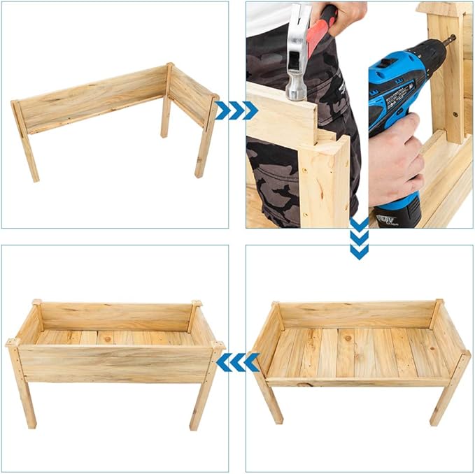 VINGLI Heavy Duty Raised Garden Bed with Bed Liner Wood Elevated Planter with Legs for Vegetables Fruits Potato Onion Flower Outdoor Sturdy Long Lasting Planter Box Kit (Elevated Without Wheels)