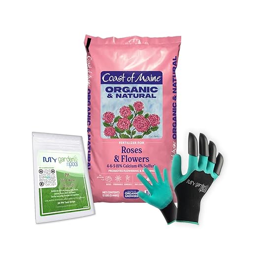 Coast of Maine RF6501 Rose &amp Flower Plant Food 12 LB – Natural Organic Fertilizer for Roses &amp Perennials with My Garden Pool Soil Test Strips &amp Gardening Claw Gloves