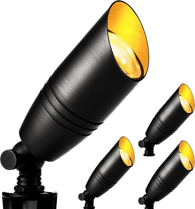 wowlite Low Voltage Spot Lights Outdoor LED 4 Pack Die-cast Aluminum Landscape Spotlights Waterproof Black Uplights with MR16 Bulbs Ground Stake for Garden Courtyard Pathway