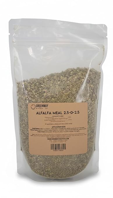 Greenway Biotech Inc. Organic Alfalfa Meal Fertilizer 2.5-0-2.5 | Rose &amp Vegetable Plant Food with Triacontanol Growth Stimulant | Non-GMO Phosphorus-Free | 1 Pound