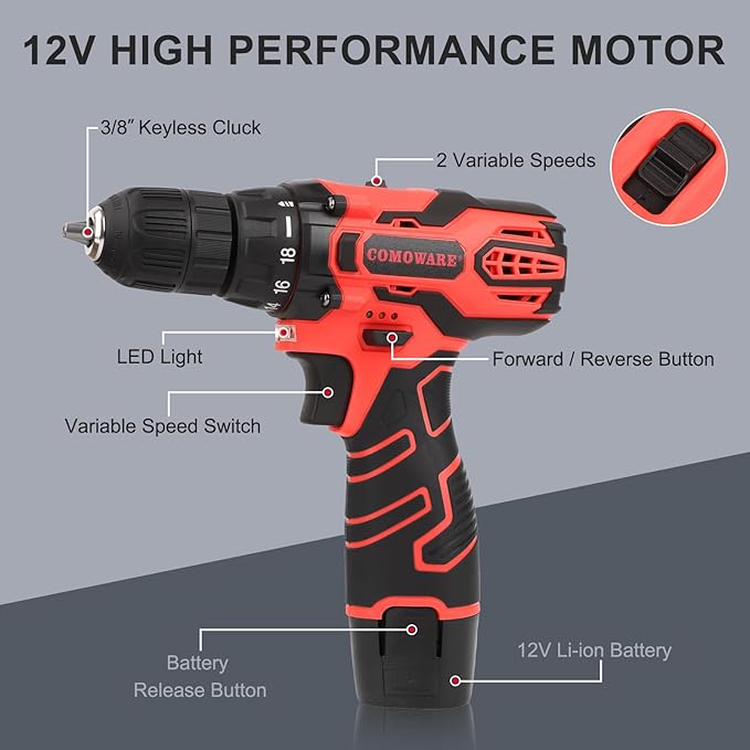 COMOWARE Cordless Drill Set 12V Power Drill 1 Battery 3/8 Keyless Chuck0-450 &amp 0-1500 RPM 10pcs Screwdriver Bits Red