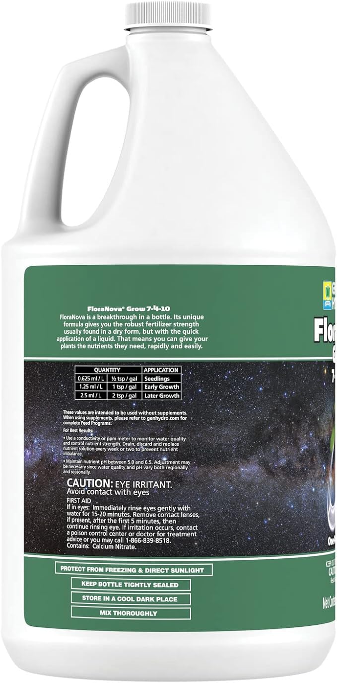 General Hydroponics HGC718805 FloraNova Grow 7-4-10 Robust Strength of Dry Fertilizer But in Rapid Liquid Form Use for Hydroponics Soilless Mixtures Containers &amp Garden Grown Plants 1-Gallon