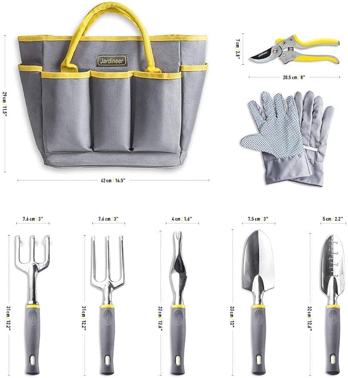 Jardineer Garden Tools Set 8PCS Heavy Duty Garden Tool Kit with Outdoor Hand Tools Garden Gloves and Storage Tote Bag Gardening Tools Gifts for Women and Men