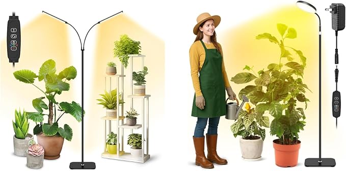 Plant Grow Light Dual Head 40W Indoor Growing Lights144LEDs Full Spectrum Wide Illumination Area 63IN Adjustable Height Stand 10 Dimmable 3/9/12H Auto Timer Floor Lamp for Plants Growth