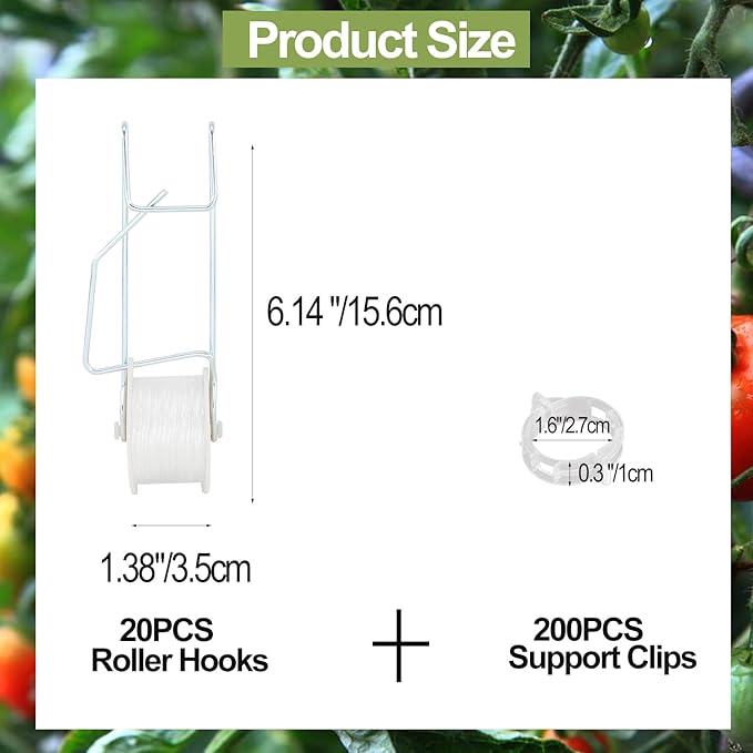 20PCS Tomato Roller Hooks with 49.21FT String and 200PCS Tomato Support Clips for TomatoPlant GreenhouseFlower Vine Twine Crop Greenhouse Trellising Kit