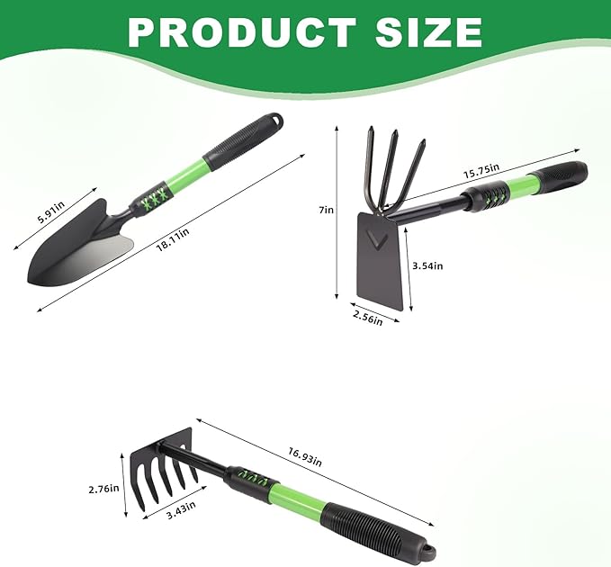 Garden Tool Set 3 Pack Lightweight Heavy Gardening Kit Including Hand Shovel Transplant Shovel and Hand Rake with Soft Rubber Non-Slip Handle for Planting Weeding Digging Green ﻿