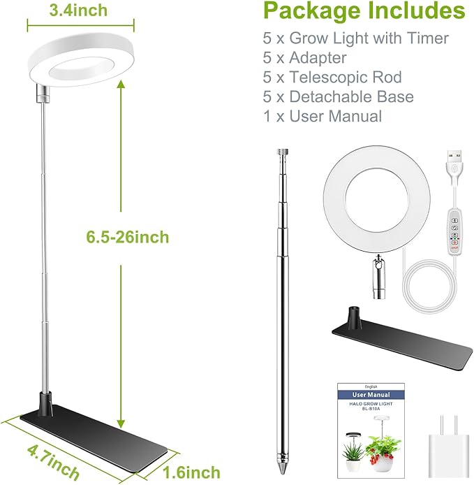 Grow Lights for Indoor Plants 48 LEDs Full Spectrum Halo Plant Grow Light Height Adjustable Growing Lamp with Detachable Base 3/9/12Hrs Timer 10 Brightness 3 Color Modes 5 Pack