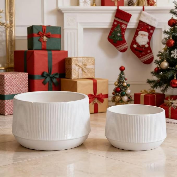 Handmade Ceramic Planter Set of 2 11 8 Diameter White with Vertical Ridges for Aquatic Plants IndoorOutdoor Shelf Table Use Breathable Non Porous Clay