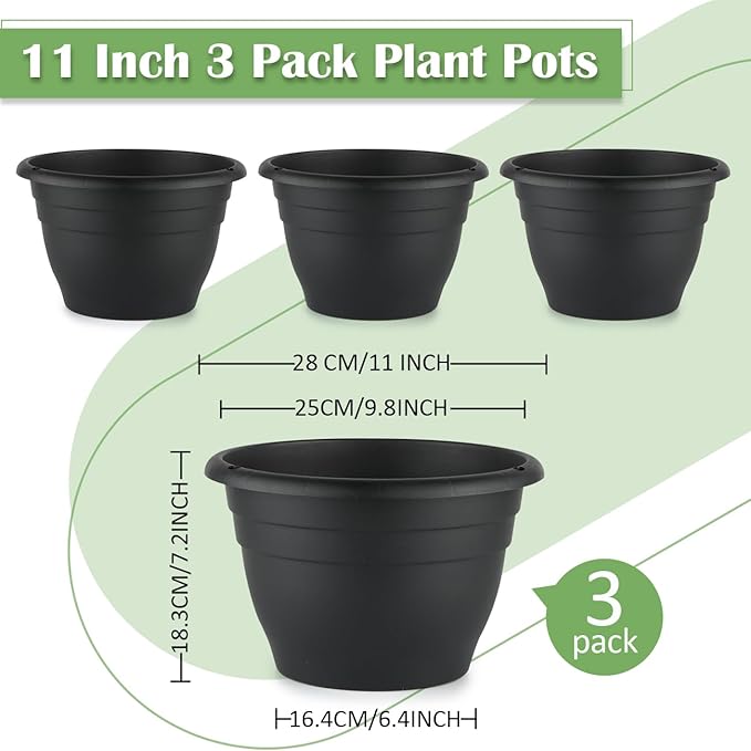 3 Pack 11 Inch Plant PotsPlastic Flower Pots with Drainage HolesLightweight Durable Planters for Indoor Outdoor PlantsModern Decorative Pots for Patio Garden(Black)