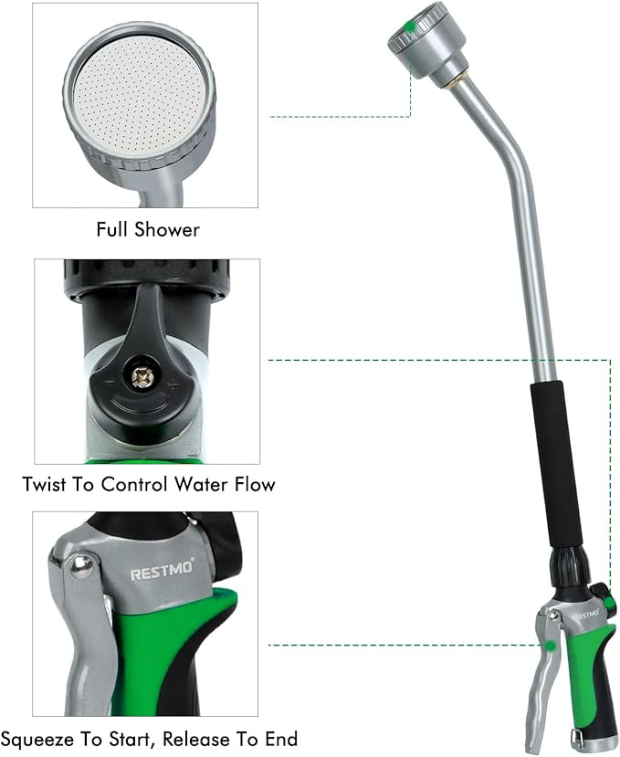 RESTMO Long Watering Wand 24 Inches Gentle Soft Full Shower Sprayer Wand with Flow Control Heavy Duty Metal Hose Wand for Hanging Baskets Shrubs Plants Flowers Garden and Lawn