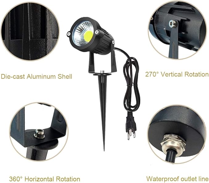 Pack of 2 Youngine Outdoor COB 5W LED Landscape Lights IP65 Waterproof COB Spotlights with Spiked Stand and US Plug for Outdoor Flag Yard Lawn Tree(Cool White)